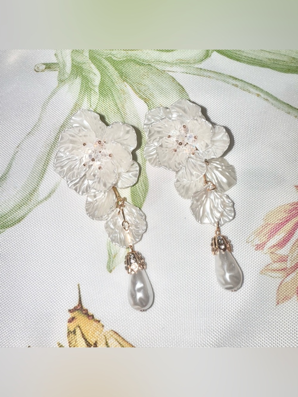 White Floral Statement Dangle Earrings with Pearl Drops